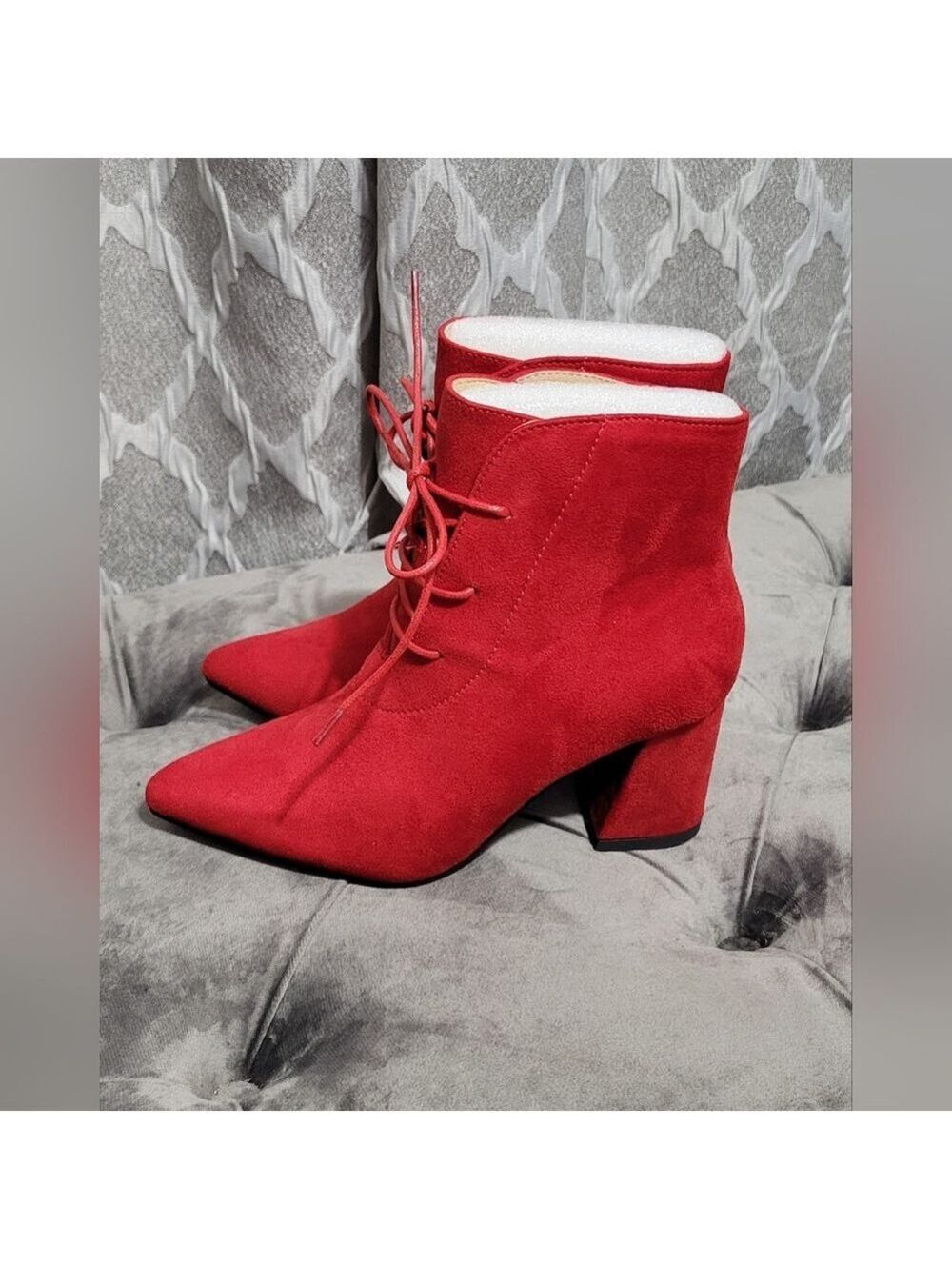 Perphy | Pointed Toe Lace-Up Block Heel Ankle Boots | Faux Suede Size 6
